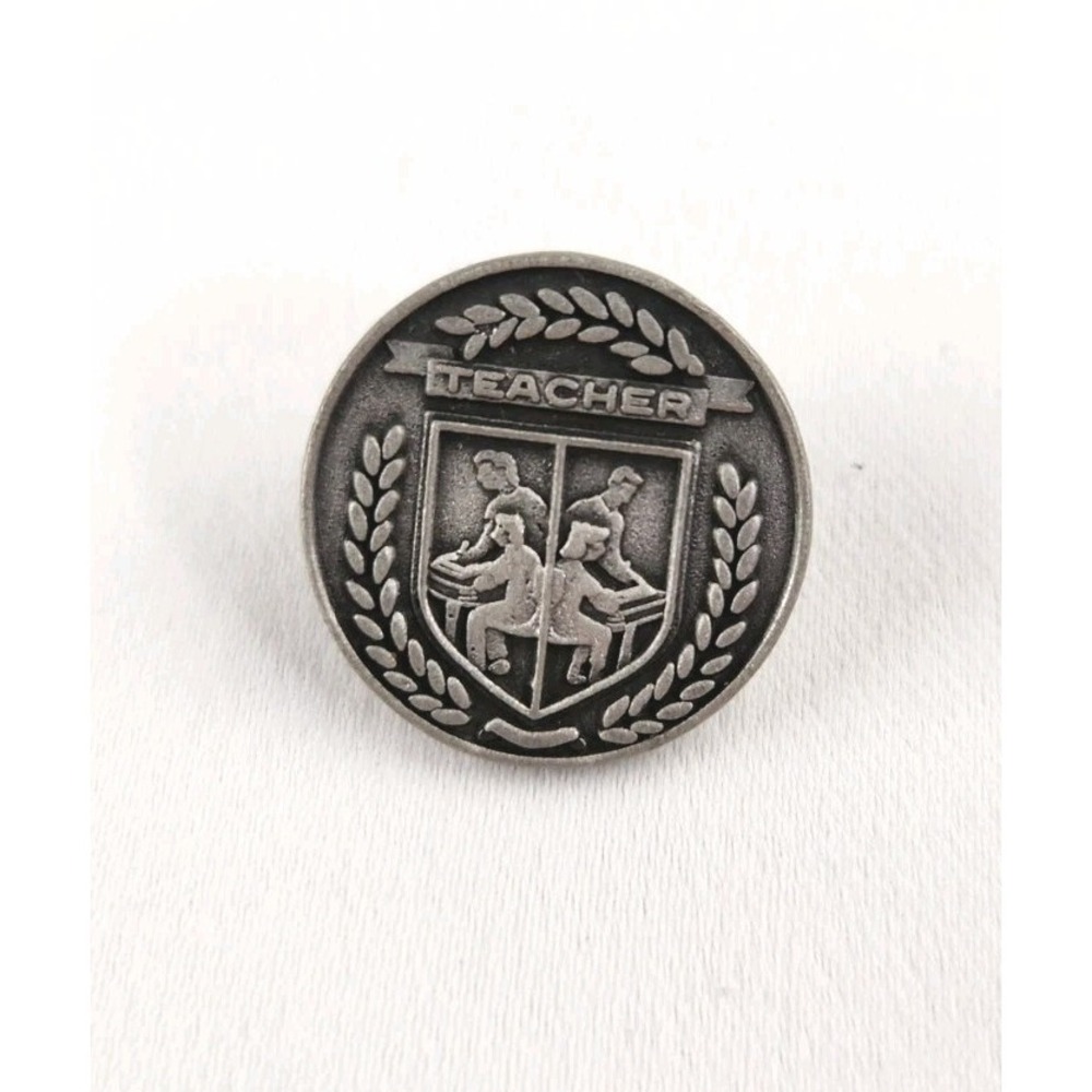 Vintage Pewter Teacher Crest Silver Tone Round Pin Button Award Merit Student